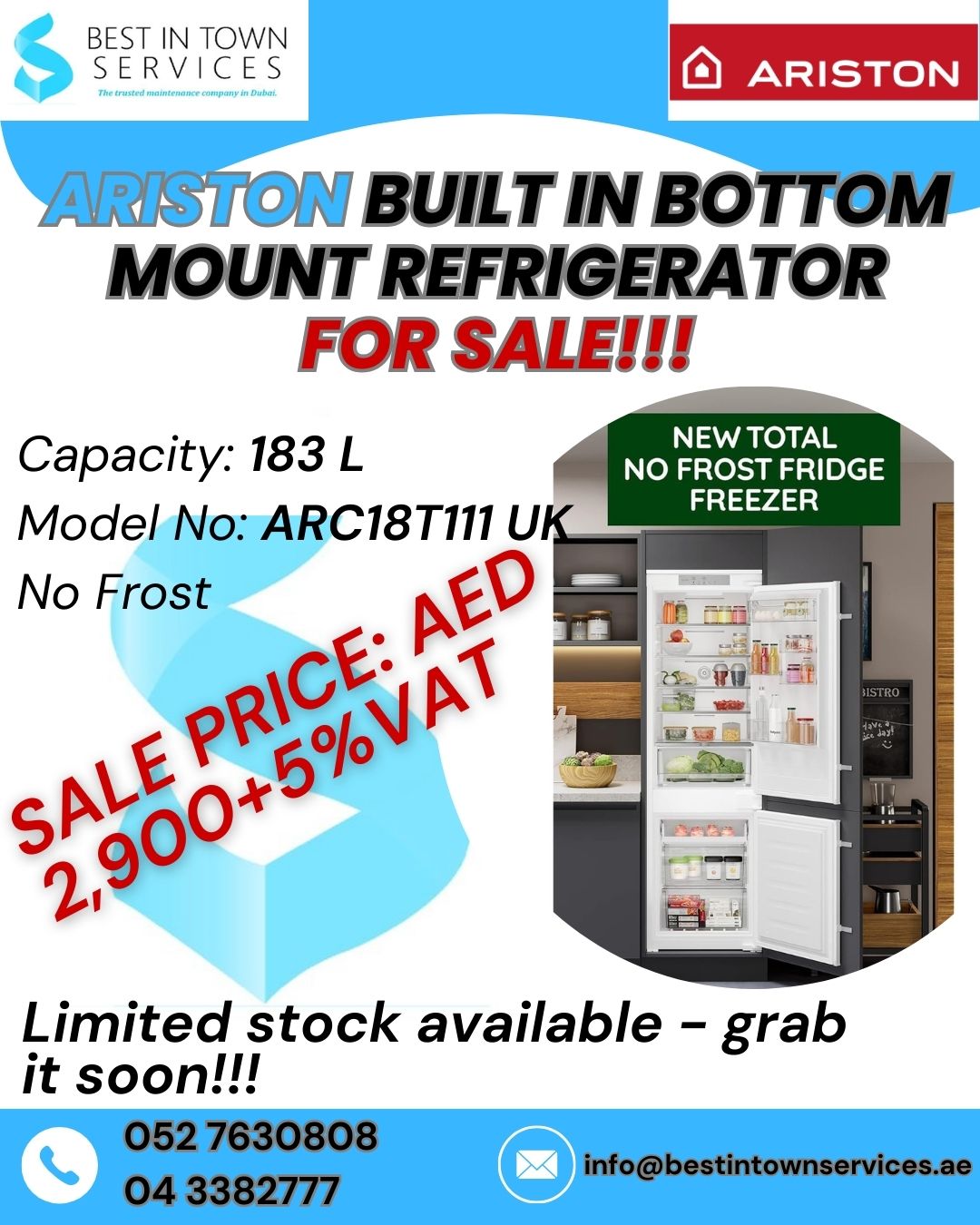 Ariston Builtin Bottom Mount Refrigerator for Sale!!!
